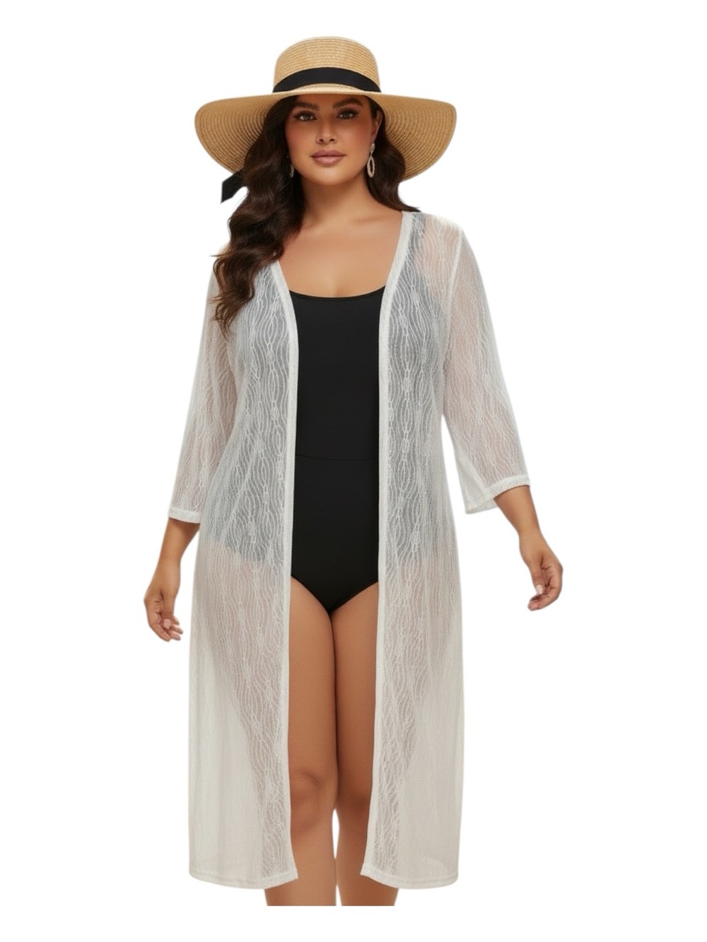 Love Plus Size White Semi-Sheer Long Beach Cover-Up